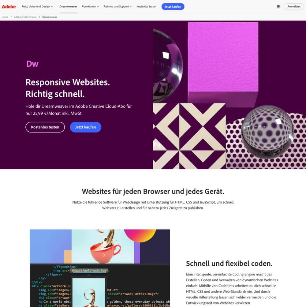Screenshot von der Seite von Adobe Dreamweaver.