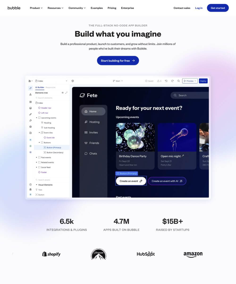 Screenshot von der Startseite von bubble.io.