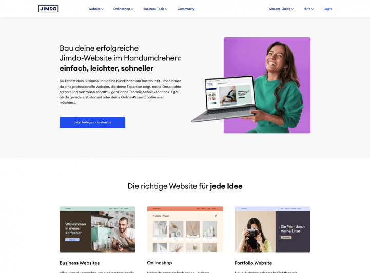Screenshot von der Startseite von Jimdo.