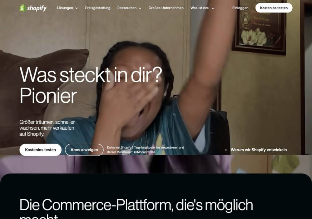 Screenshot von der Startseite von shopify.