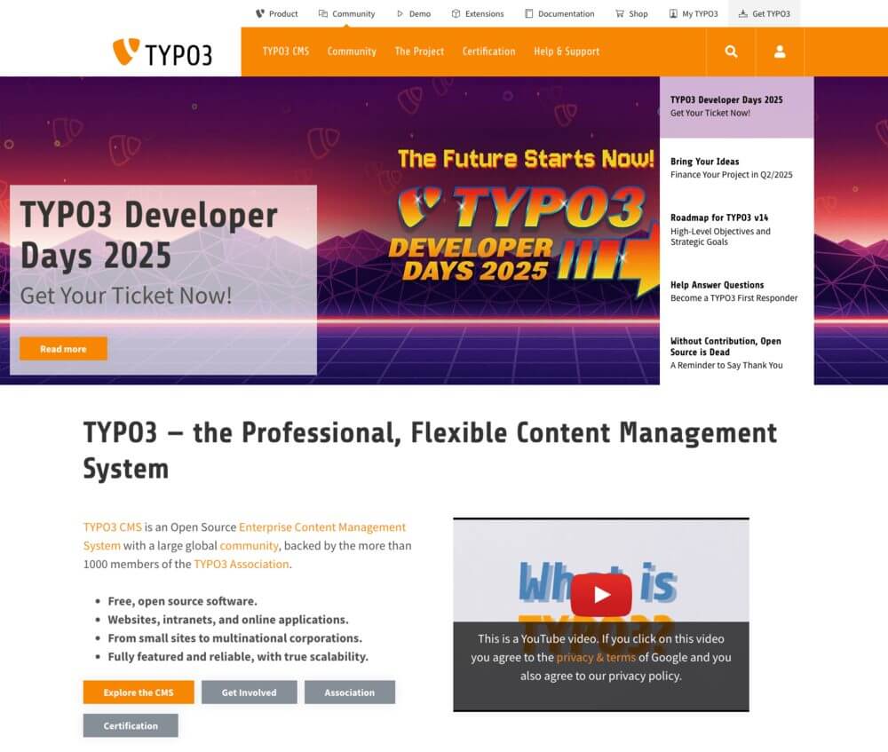 Screenshot von der Startseite von TYPO3.