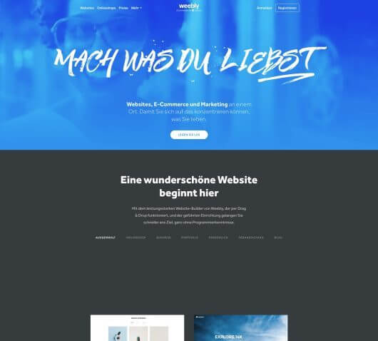 Screenshot von der Startseite von weebly.