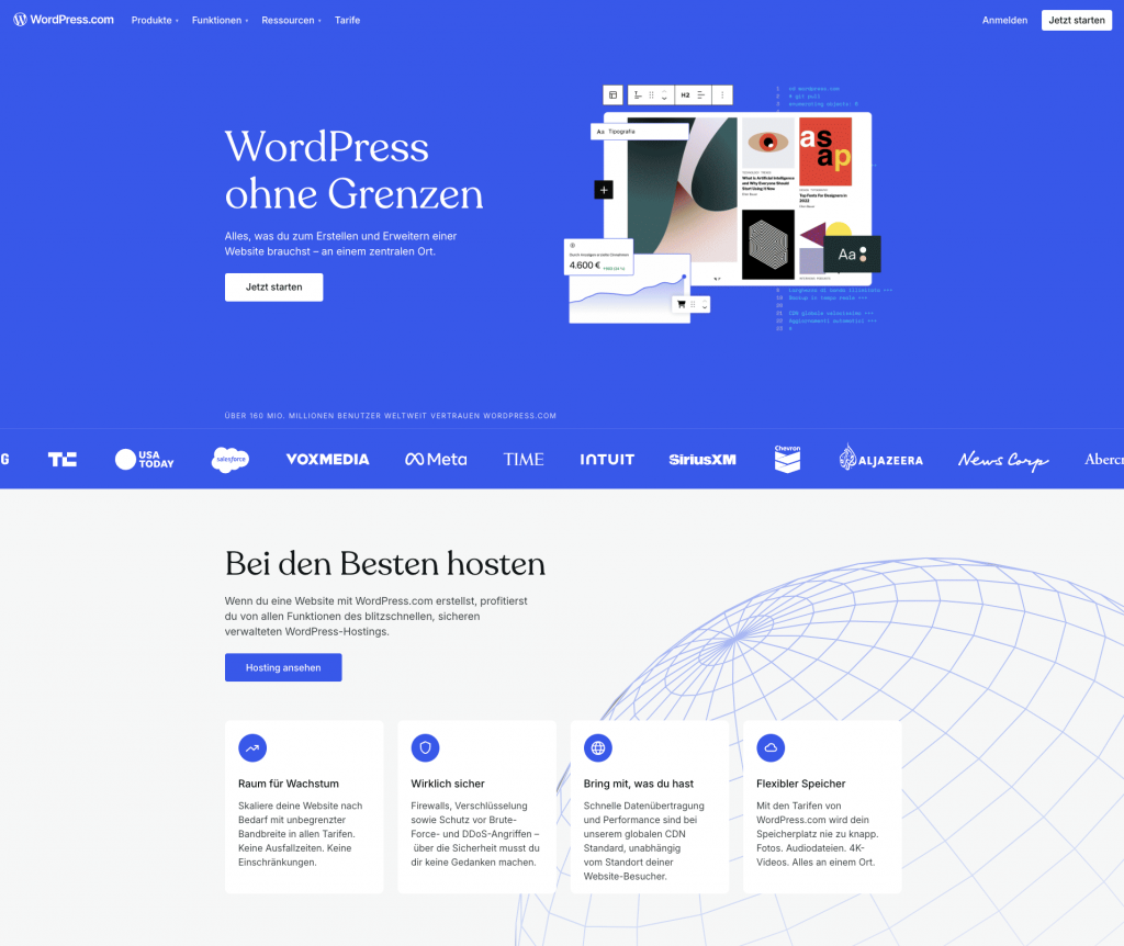 Screenshot von der Startseite von WordPess.